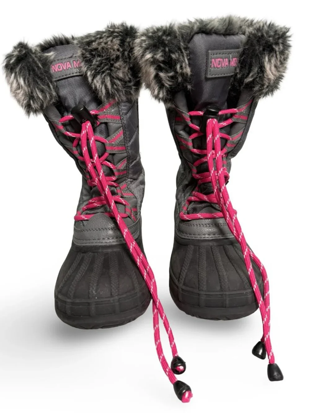 Nova Mountain Kids Snow Boots Size 2 Girls Gray Pink Faux Fur Lined Zip NFWB830